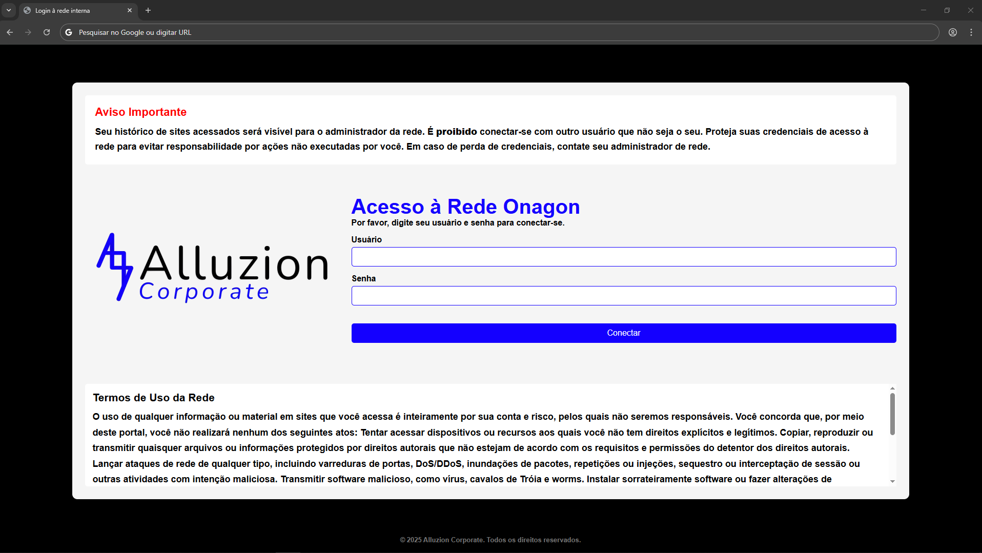 Screenshot do Captive Portal Alluzion